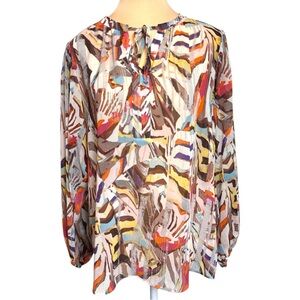 NIC+ZOE Women’s Multicolor Abstract Tie Neck Blouse Flowing Sleeves Size S EUC